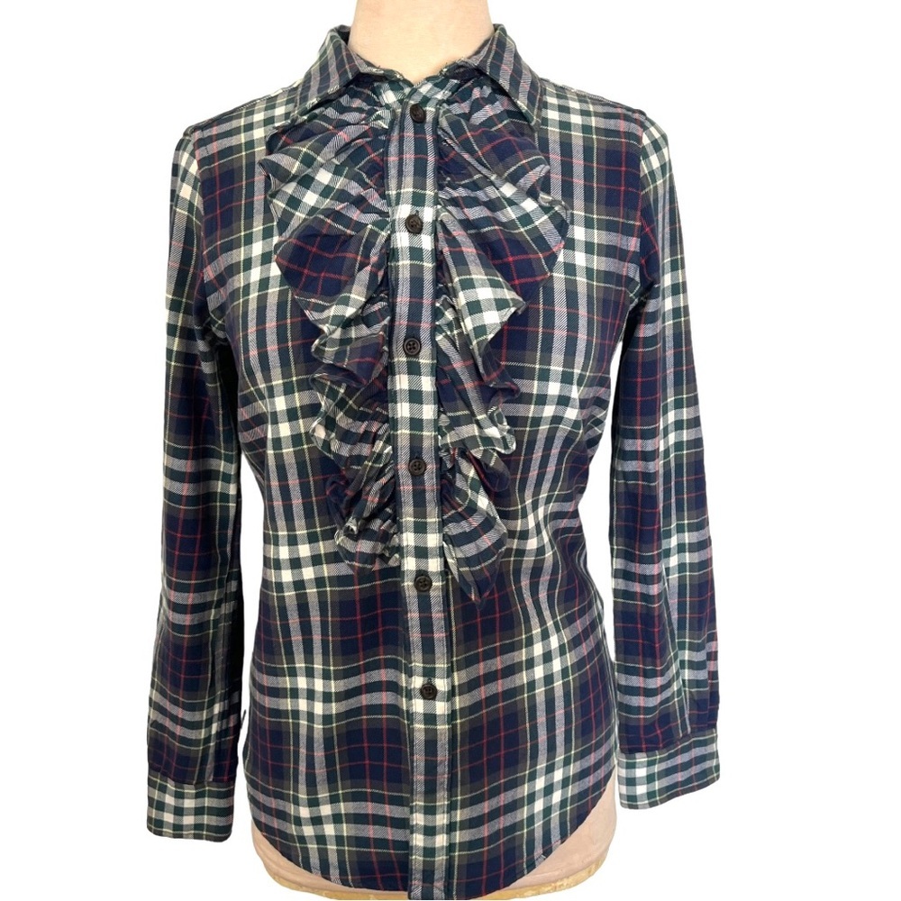 Ralph Lauren Rugby Plaid Ruffle Trim Flannel Button Up Shirt Size 8